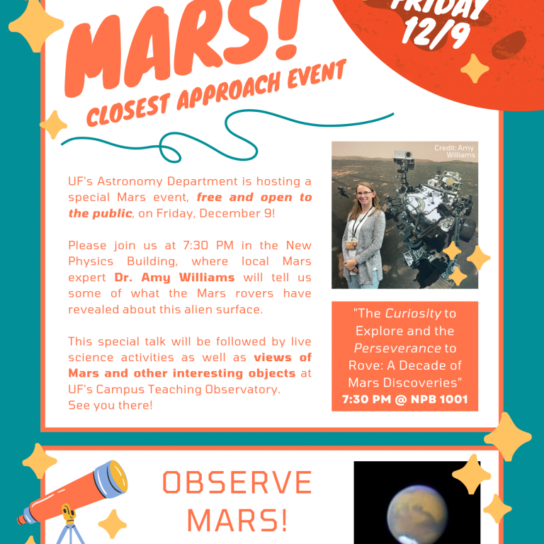 Join us at 7:30pm to see Dr. Amy Williams give a public talk on December 9 at NPB 1001! Followed by our Public Observing Night from 8:30pm-10pm at CTO.