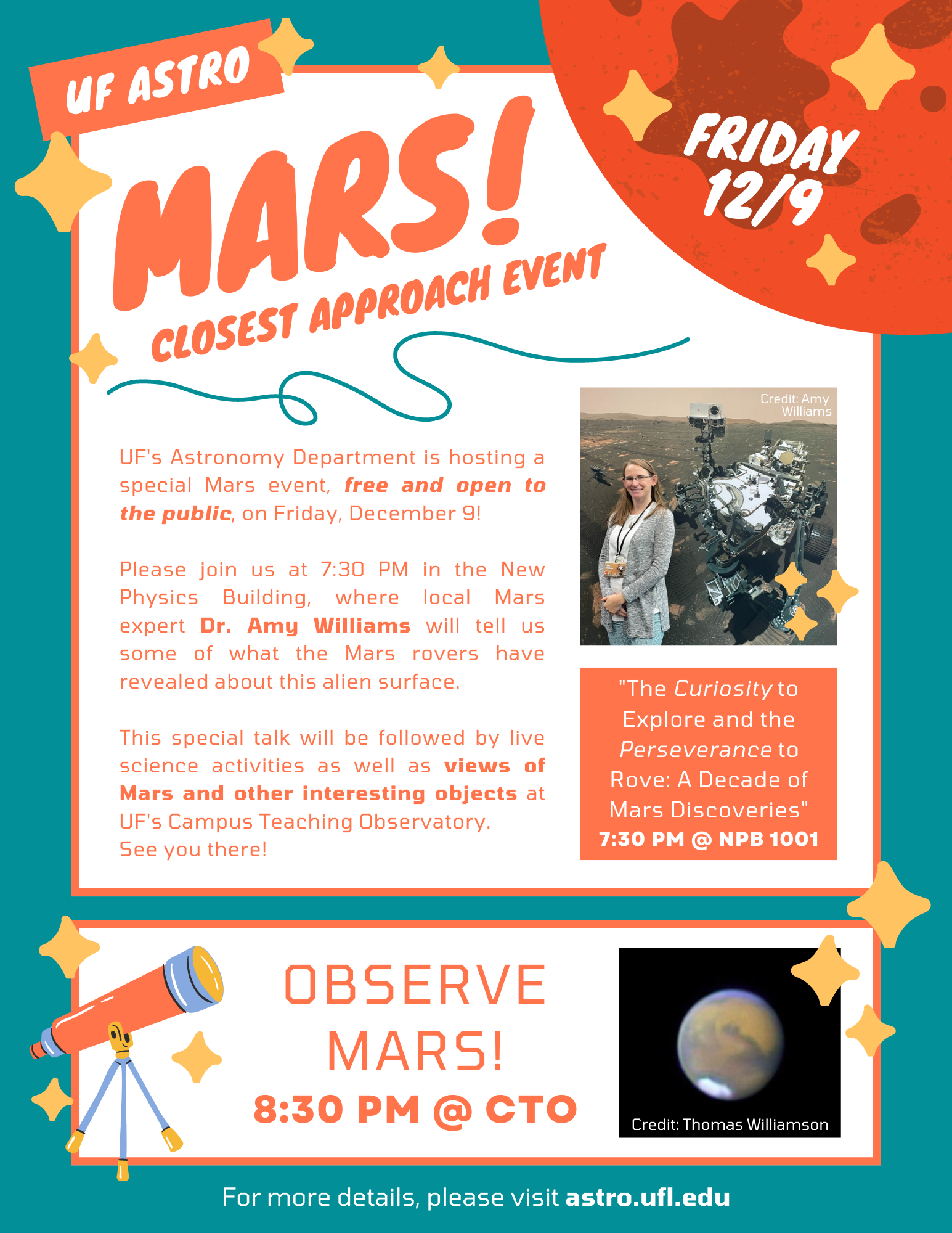 Join us at 7:30pm to see Dr. Amy Williams give a public talk on December 9 at NPB 1001! Followed by our Public Observing Night from 8:30pm-10pm at CTO.